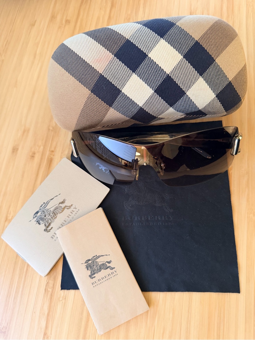 Vintage Burberry Plaid Shield Sunglasses • Made in Italy • Complete Set
